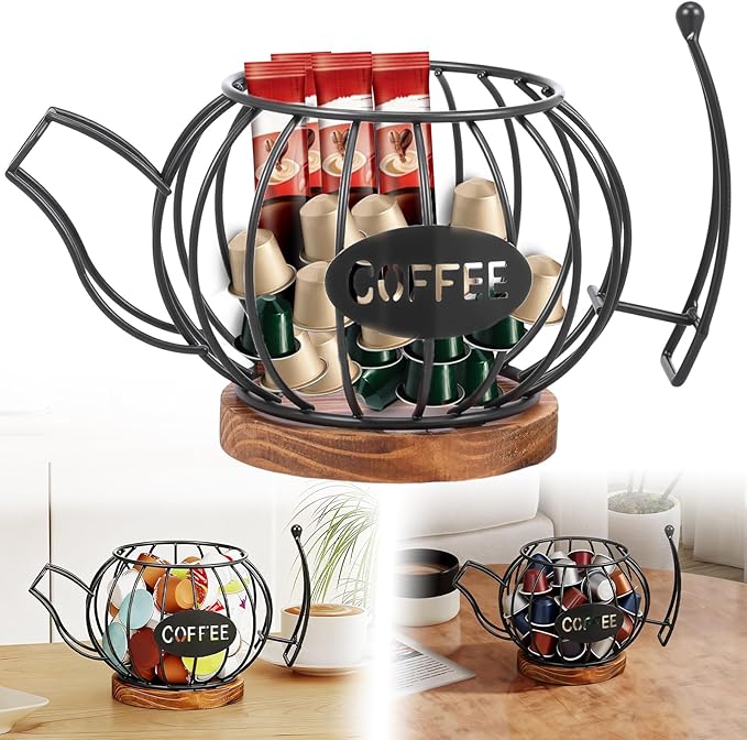 Coffee Pod Organizer for Countertop, Coffee Bar Accessories with Wooden Base, Round Basket Decor for Kitchen Countertop for Pods and Espresso Capsules