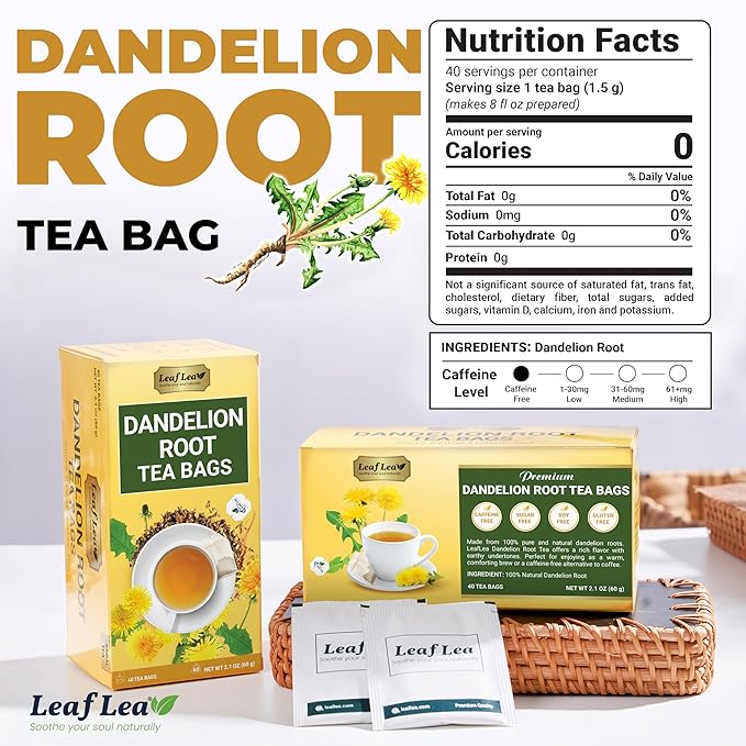 LeafLea 120 Dandelion Root Tea Bags, Dandelion Tea Promotes Healthy Digestion & Immune Function, Natural and Pure from Dandelion Root Herbal Tea, Caffeine-Free, Sugar-Free, Vegan, Pack of 3