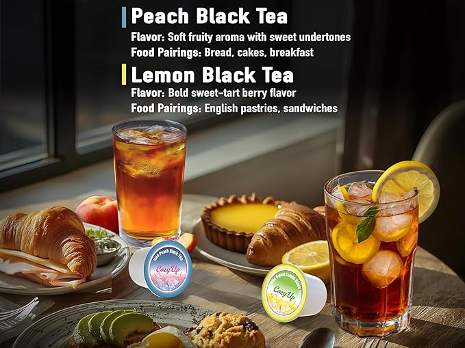 Cozy Up Iced Sweet Fruit Black Tea K-Cup Variety Pack, 36 Count, Guilt-Free Zero Calorie Sweetness - Compatible with Keurig - Lemon, Tropical, Berry, Passion Fruit, Apple & Peach - Single Serve Pods for Brew Over Ice