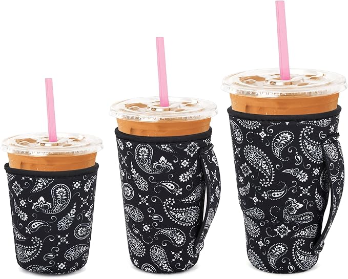 3 Pack Iced Coffee sleeve Insulated Neoprene Cup Sleeves with handle For Cold Drinks Beverages, Reusable Cup Holder for 16oz-32oz Coffee Cups (Black Paisley)
