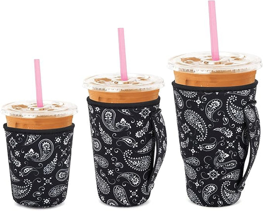 3 Pack Iced Coffee sleeve Insulated Neoprene Cup Sleeves with handle For Cold Drinks Beverages, Reusable Cup Holder for 16oz-32oz Coffee Cups (Black Paisley)