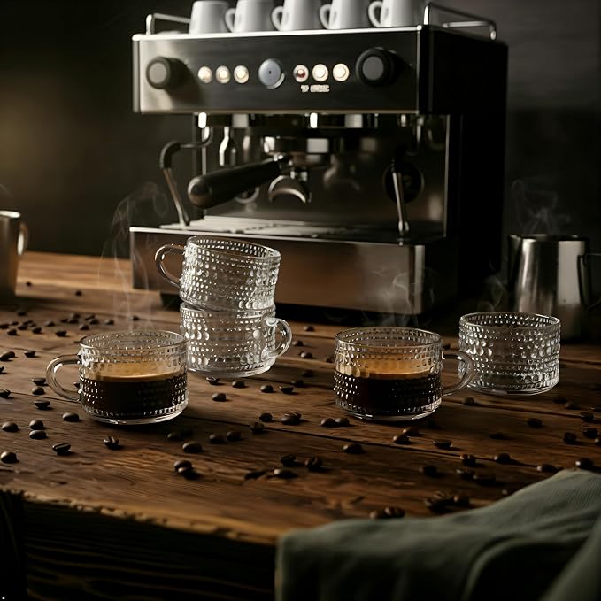 Espresso Cups, Set of 6 Shot Glasses 3 oz Coffee Espresso Mugs, Insulated Clear Thick Glass with Handle - Hobnail Embossed Mini Mugs Demitasse Cup Dishwasher Safe