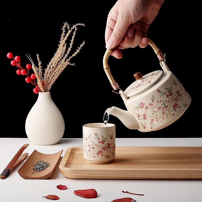 fanquare Japanese Ceramic Tea Set, 17oz Bamboo Handle Teapot with Stainless Steel Infuser and 4 Cups, Floral Pattern Tea Service for Loose Leaf Tea, Gift for Tea Lovers