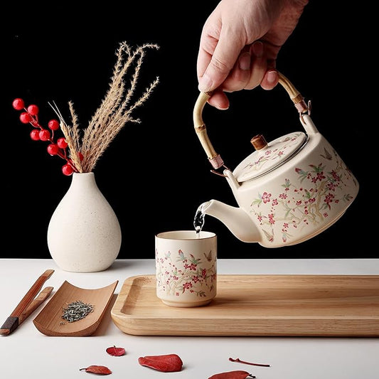 fanquare Japanese Ceramic Tea Set, 17oz Bamboo Handle Teapot with Stainless Steel Infuser and 4 Cups, Floral Pattern Tea Service for Loose Leaf Tea, Gift for Tea Lovers