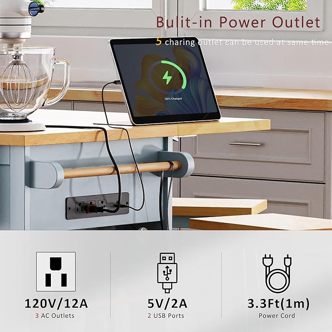 Rolling Kitchen Island with Drop Leaf & Power Outlet, Large Kitchen Islands Cart on Wheels, Movable Kitchen Island with 5 Open Storage Shelves & Towel Rack for Kitchen, Dining Room, 53-Inch, Grey Blue