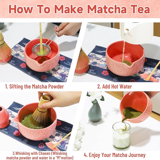 Matcha Whisk Set, 7Pcs Pink Matcha Kit for Ceremony, Handcrafted Gifts for Women, Traditional Ceramic Matcha Bowl with Spout, Bamboo Whisk and Holder, Tea Set for Matcha Lovers, Gift for Christmas