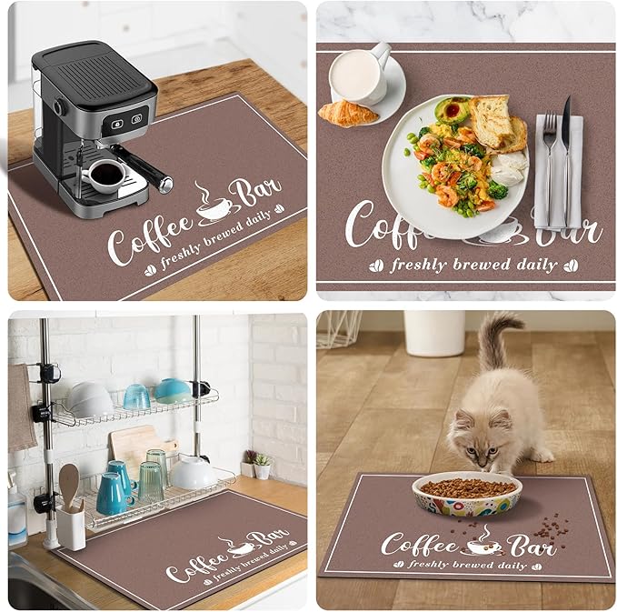 Absorbent Coffee Mat, Fashion Dish Drying Mat for Kitchen Counter Coffee Bar Accessories Espresso Machine Dish Rack 17" x 32" Brown