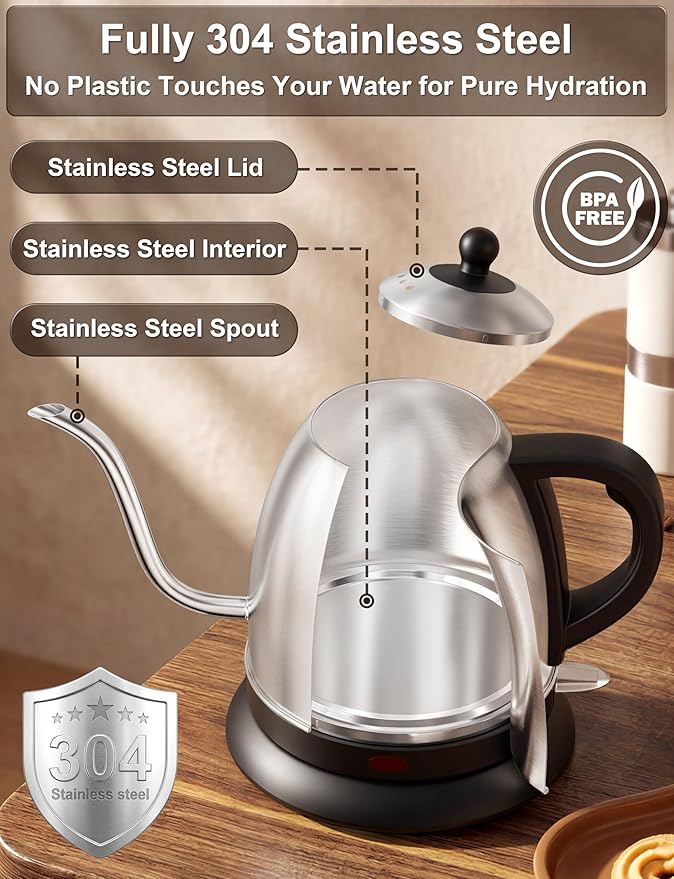 Stariver Electric Kettle Gooseneck Kettle, 1L Water Boiler, BPA-Free, Pour Over Tea Pot Stainless Steel for Coffee & Tea with Fast Heating, Auto-Shut Off and Boil-Dry Protection Tech