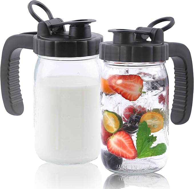 Mason Jar Pitcher With Pour Spout Lids 32 Oz Breast Milk Pitcher Wide Mouth 1 Quart Airtight & Leakproof Glass Jug With Handle And Flip Cap Lid For Fridge, Iced Tea, Coffee, Lemonade, Juice, 2 Set