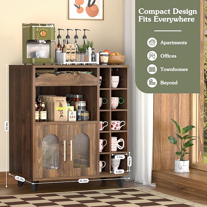 VINAEMO Coffee Bar Cabinet with 24-Cup Display, Large Drawer & Storage,Modern Buffet Sideboard for Kitchen, Medium Wooden Bar Station for Apartment，Walnut