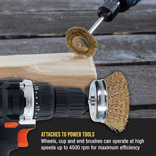 Dura-Gold 12-Piece Abrasive Brass-Coated Wire Wheel, Cup Brush, and End Brush Set, 1/4" Drill Shank, Carbon Steel Bristles - Surface Prep Grinding, Stripping Metal, Clean Remove Rust, Corrosion, Paint