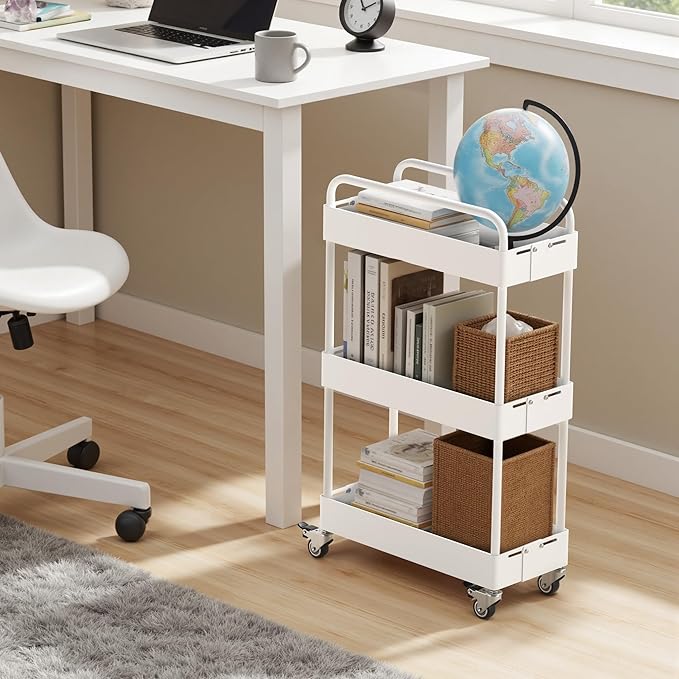 HOTEAGLE 3-Tier Rolling Cart Metal Expandable Utility Carts with Wheels, Ideal Storage Organizer for Livingroom, Bedroom, Kitchen and Bathroom, White