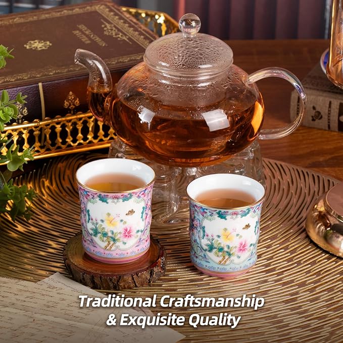 KAMMAK Tea Cups Set of 2, 3.53 Mini Ceramic & Porcelain Tea Mugs - Handleless Vintage, Non-Toxic Handcrafted Cups for Juice, Coffee, Gift(Pink + Lake Blue)
