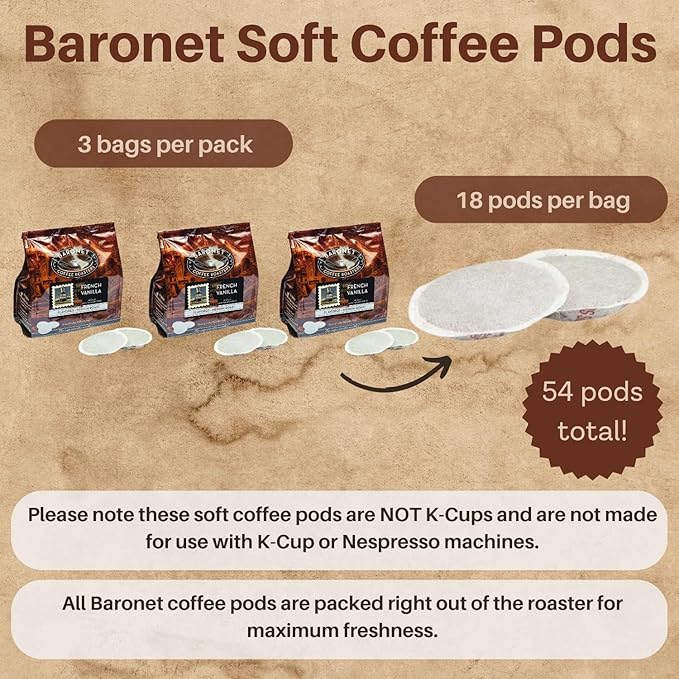 Baronet Coffee Pods [French Vanilla Flavored-54 Pods] Single Cup Use for Senseo Machine - 3 Bags of 18 Single Serve 8 Gram, Regular Strength, Medium Roast [French Vanilla]