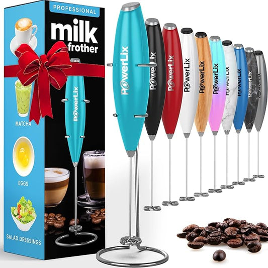 PowerLix Milk Frother Handheld Battery Operated Electric Whisk Beater Foam Maker For Coffee, Latte, Cappuccino, Hot Chocolate, Durable Mini Drink Mixer With Stainless Steel Stand Included-SB