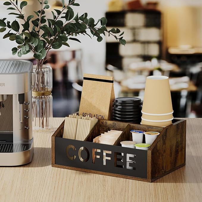 YINMIT Coffee Station Organizer for Countertop, Wood Coffee Bar Organizer with Removable Dividers for Pods, Syrup, Cups, Stirrer, Tea - Office Bar Accessories (Iron Sheet-Vintage Brown, 1 Tier)
