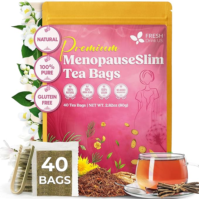 FreshDrinkUS, MenopauseSlim 40 Tea Bags – Herbal Blend with Rooibos, Dandelion Root, Matcha, Licorice, Cardamom & Black Cohosh – Smooth, Earthy Flavor – Premium Quality, Naturally Caffeine-Free Tea