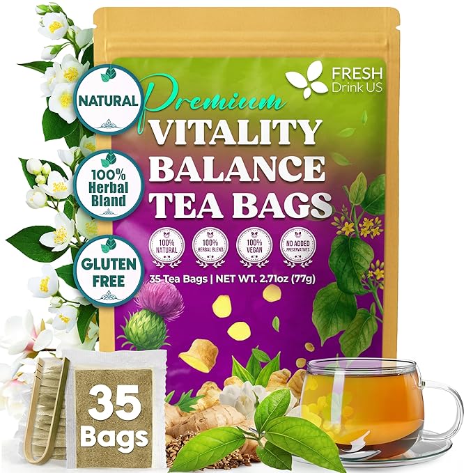 FreshDrinkUS, Vitality Balance Tea Bags | 30 Count | Herbal Blend with Gymnema, Milk Thistle Seed, Fenugreek, Dandelion Root, Ginger, Orange Peel & Other Herbs – 100% Natural, Caffeine-Free Herbal Tea