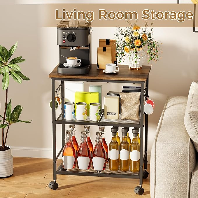 BEWISHOME Rolling Kitchen Cart 3 Tier, Microwave Kitchen Cart with Storage Function, Practical Roller Cart with 4 Locking Wheels for Kitchen, Living Room, Bathroom, Office, Bar (Brown)