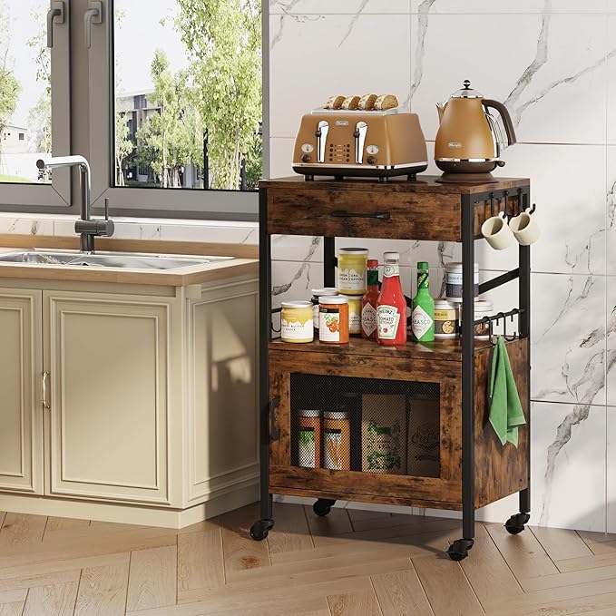 Homeiju Kitchen Island Cart, Kitchen Storage Cart with Drawer, Microwaves Stand, Coffee Cart, Rolling Kitchen Cabinet Cart with Hooks for Kitchen, Dining Room