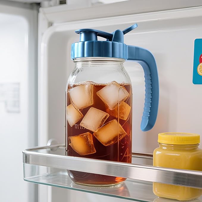 Half Gallon Glass Pitcher With Lid 64 Oz Wide Mouth Mason Jar Cold Hot Water Pitcher 2 Quart Sun Tea Glass Jar For Outside For Fridge Lemonade, Beverage,Milk,Juice, Cold Brew Iced Tea Container