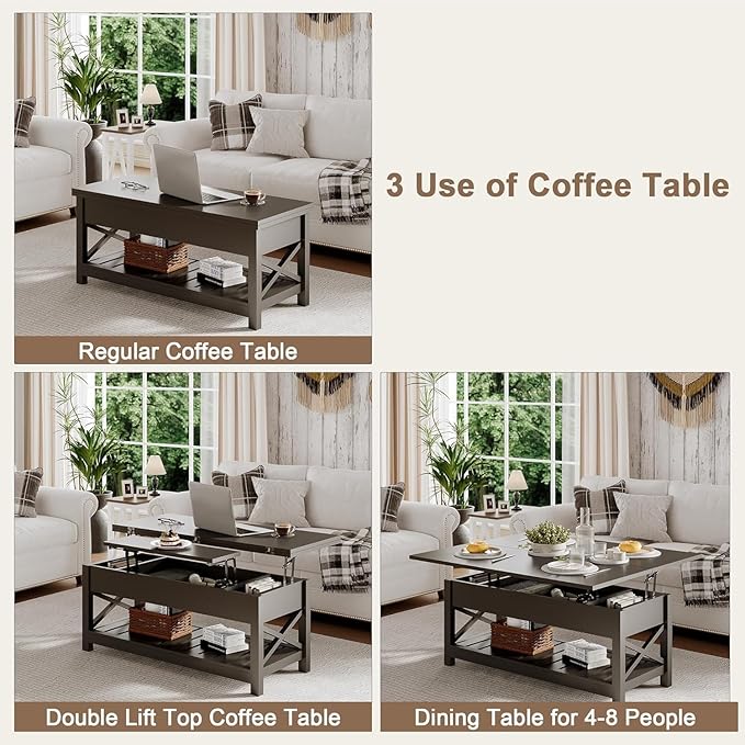 ChooChoo Coffee Table Lift Top, Multi-Function Convertible Coffee Table with Storage and Hidden Compartment, Converts to Dining Table for Living Room, 40 Black