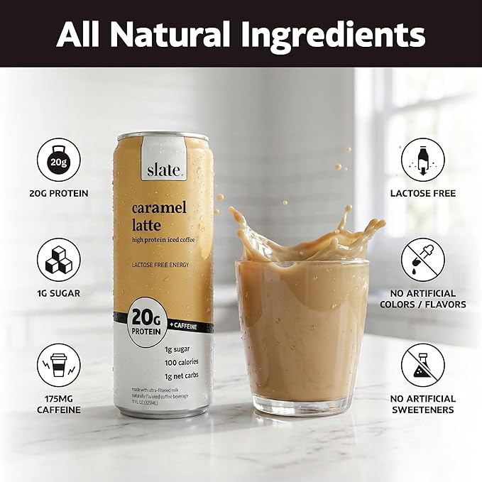 Slate Milk - High Protein Iced Coffee - Caramel Latte - 175mg Caffeine, Lactose Free Energy - 20g Protein, 1g Sugar, 100 Calories, 1g Net Carbs, No Sugar Added - Protein Coffee - 11 fl oz, 24 Cans