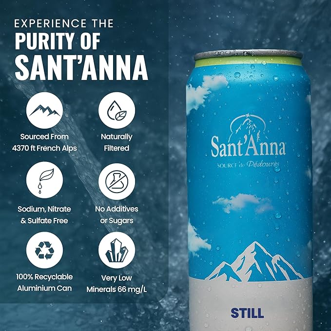 Sant'Anna Still Mineral Water, 11.16 Fl Oz (24-Pack) | Pure French Pyrenees Mountain-Fresh Drinking Water | Natural Functional Drink | Sodium-Free Mineral in Cans