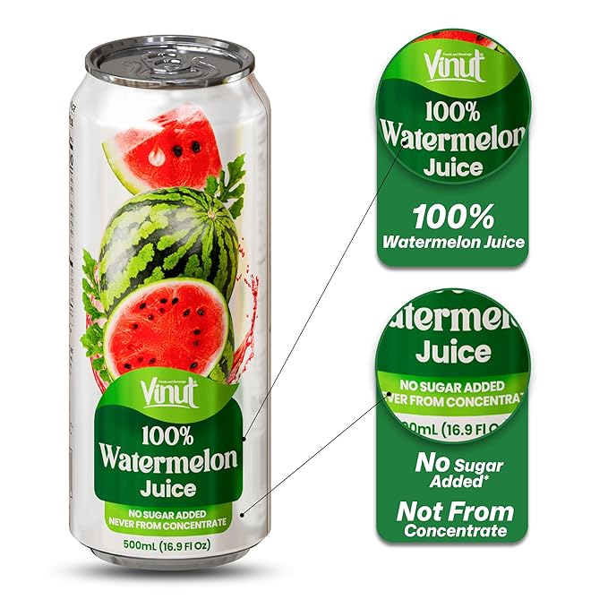 VINUT 100% Watermelon Juice, No Added Sugar, Not From Concentrate, 16.9 fl oz (500 mL) Can, Pack of 12