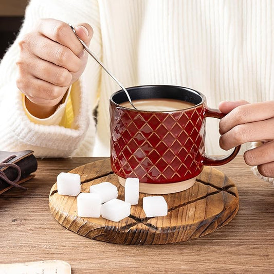 GBhome 12 OZ Stackable Coffee Mugs Set of 4, Ceramic Coffee Cups with Texture Patterns for Man,Woman,Dad,Mom, Modern Mugs Set for Latte/Cappuccino/Cocoa. Dishwasher&Microwave Safe, Red