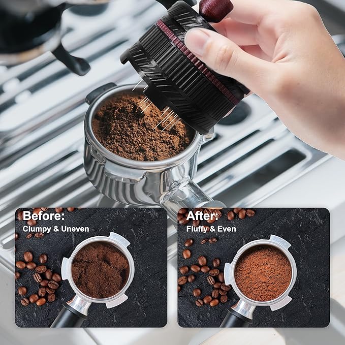 ShanSon WDT Espresso Tool with Brush Base Coffee Powder Distributor Needle WDT Tool for Barista Coffee Bar Espresso Distribution Tool,58mm,Black&Wine Red
