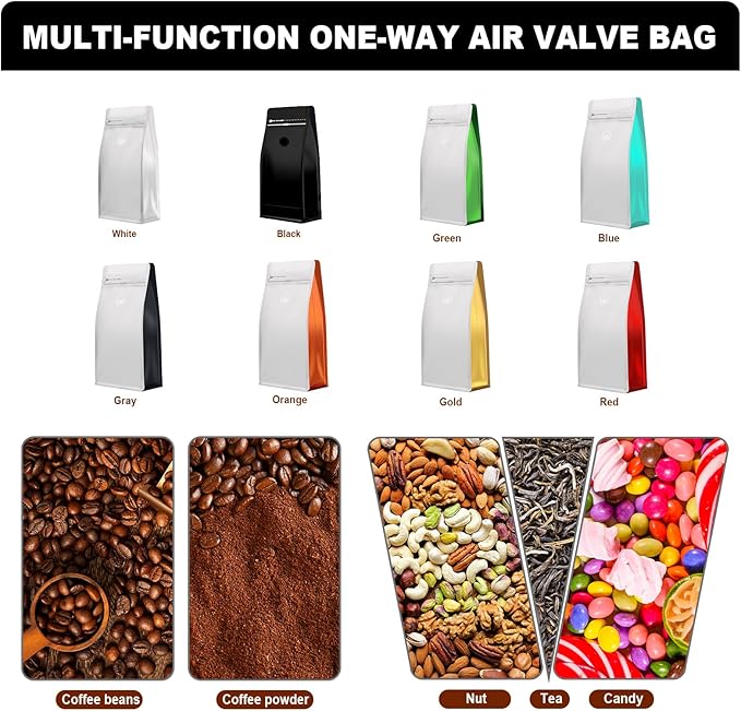 Coffee Bags with Valve(60pcs,4 oz,0.25 lb) Vented Coffee Beans Packaging Bags High Barrier Aluminumed Foil Flat Bottom Heat Sealed Side Zipper Resealable Storage Bag for Home or Business（White）