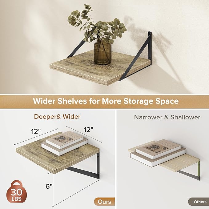 Deep Floating Shelves Wall Mounted, 12"x12" Gray Wall Shelves with Brackets Set of 2 for Bedroom, Living Room, Bathroom, Kitchen, Office - Storage & Display Shelf for Decor, Books, Plants