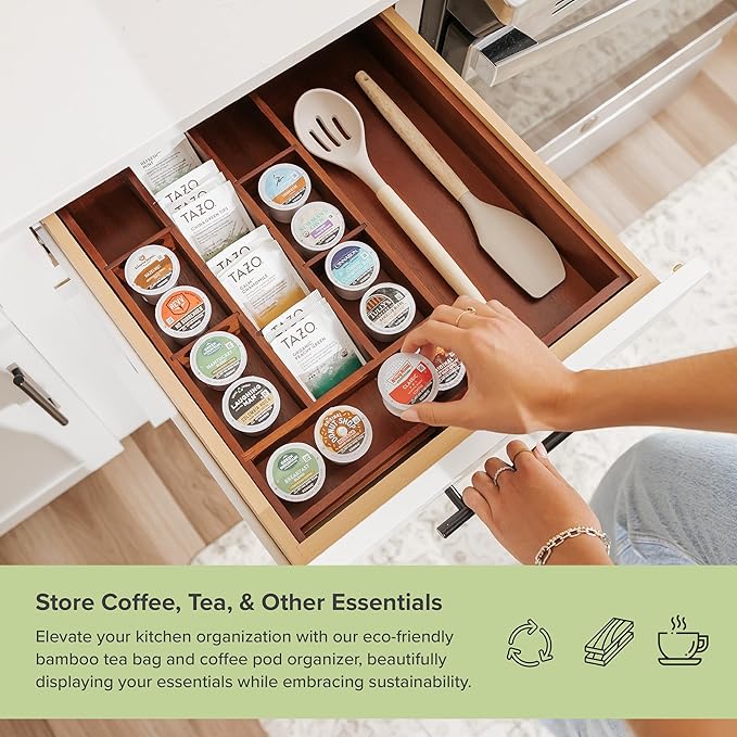 KitchenEdge Acacia Tea Bag and Coffee Pod Kitchen Drawer Organizer, Expandable 9.7 to 17 Inches, 10 Storage Compartments, Adjustable Wall Inserts, Non-Slip Feet, Food-Safe