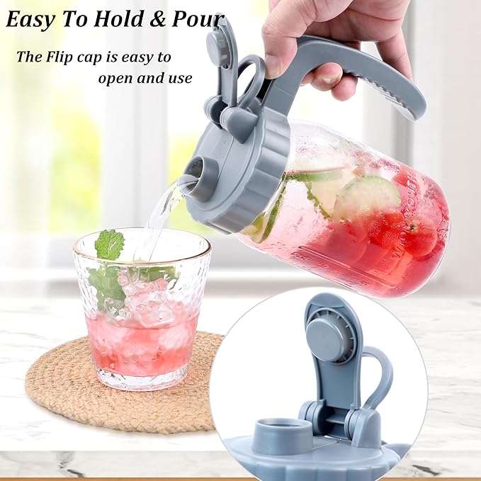 Mason Jar Pitcher 64 OZ Glass Pitcher With Pour Spout Lids (2 Pack) Airtight Leak Proof 2 Quart Wide Mouth Water Pitcher With Handle And Flip Cap For Iced Tea,Milk,Sun Tea, Lemonade,Juice,Iced Coffee