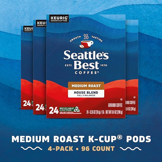 Seattle’s Best Coffee, Medium Roast K-Cup Coffee Pods, House Blend, 100% Arabica, 4 Boxes (96 Pods Total)