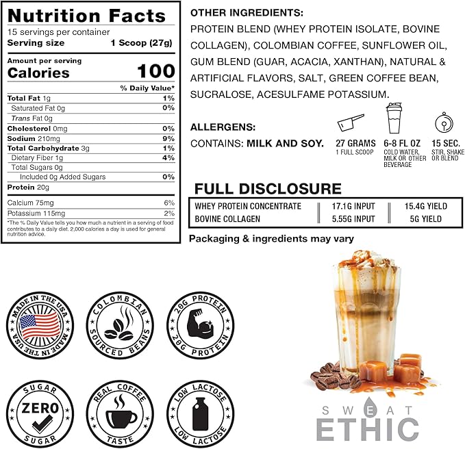 Sweat Ethic Brew’D UP Collagen Protein Coffee, Whey Isolate & Collagen Peptides, Natural Caffeine, Low Lactose, No Added Sugar, Easy-Mix Protein Coffee Powder, Caramel Frappe Flavor, 15 Servings