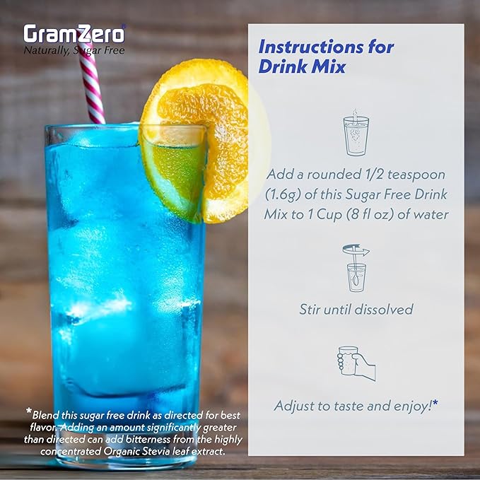 GramZero All Natural Blue Raspberry Zero Calorie Sugar Free Drink Mix, Great For Nutrition Club Loaded Tea, Stevia Sweetened