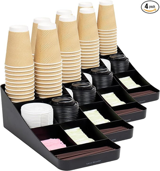 Mind Reader Cup and Condiment Station, Countertop Organizer, Coffee Bar, Kitchen, Stirrers, 7.25" L x 15.5" W x 5.25" H, Black (Pack of 4)