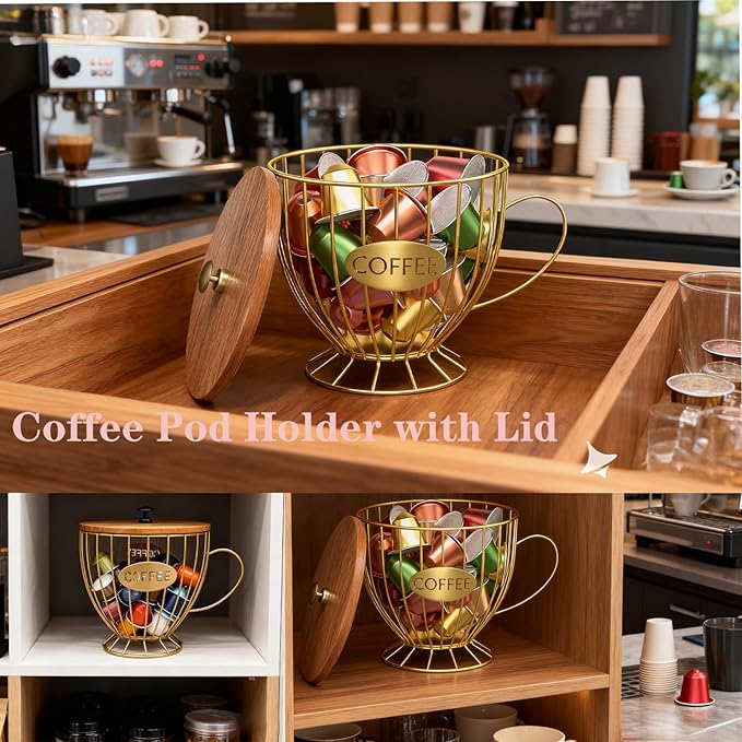 Coffee Pod Holder with Lid -Coffee Creamer Holder Large Capacity Holder for k Holder Organizer for Counter - Coffee Decor Station for Pods, Espresso, Capsules, Creamer, (Gold-CC)