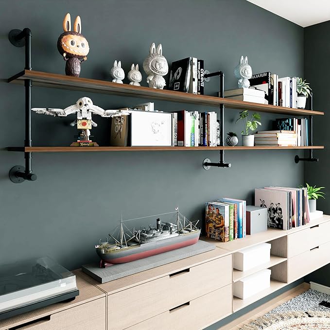 Industrial Pipe Wall Shelves Pipe Shelving with Real Wood Plank ,70 Inches Floating Shelves for Wall Farmhouse Pipe Book Shelves Dark Brown 2 Tier for Kitchen,Living Room Decor and Bar Shelving