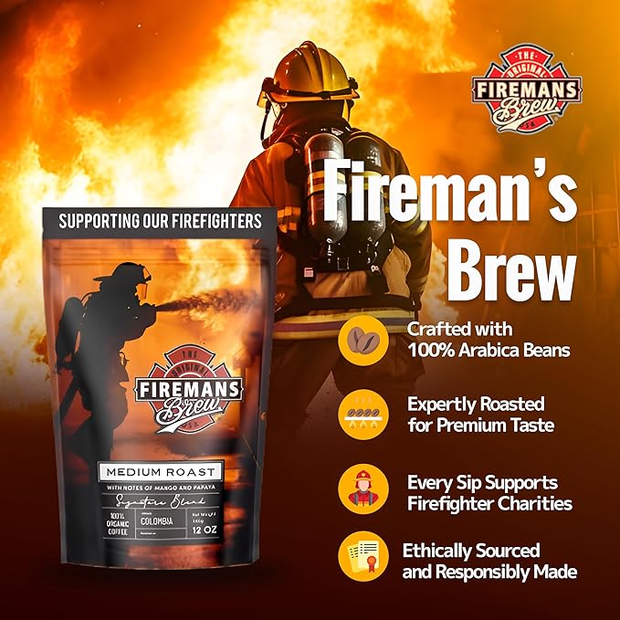 Firemans Brew Medium Roast Coffee – Bold & Robust Ground Coffee – 100% Arabica Beans, Rich, Full-Bodied Flavor – Freshly Roasted Gourmet Coffee – Low Acid, Small Batch Coffee – Supports Firefighter Causes