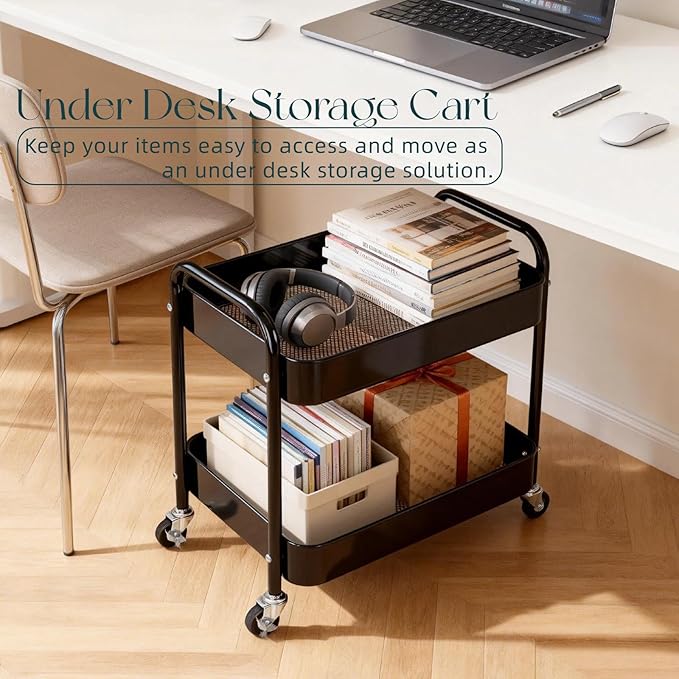2 Tier Rolling Cart with Wheels for Under Desk Storage & Pantry Room, Large Capacity Laundry Room & Makeup Organizer, Sturdy Kitchen Utility Cart for Small Space with 4 Hooks, Black