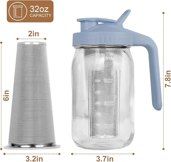 QHH Cold Brew Coffee Maker,32 oz Mason Jar Pitcher with Stainless Steel Filter, Pour Spout Handle Lid, Heavy Duty Glass Airtight & Leak-Proof Pitcher for iced coffee Tea Lemonade-Gray