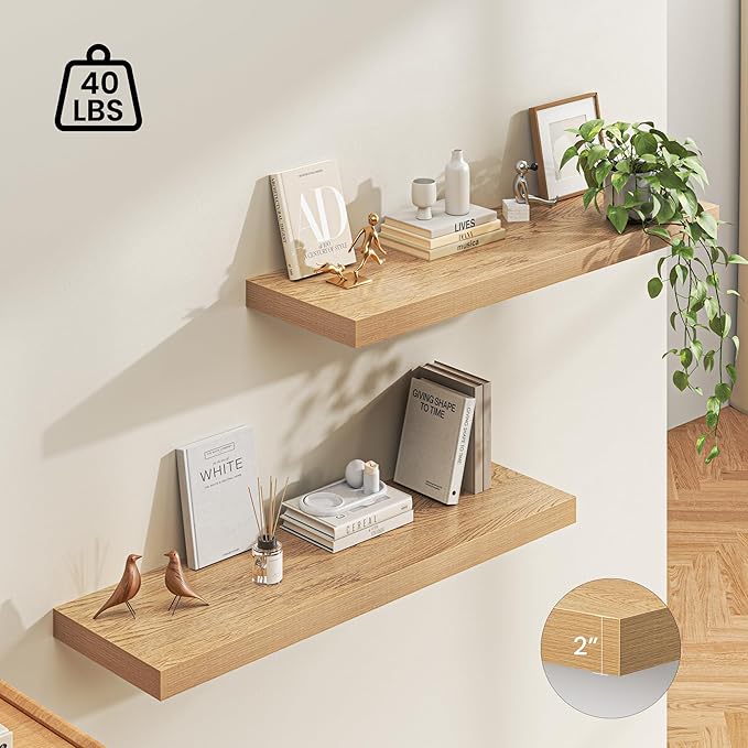 Dreamland 48" Floating Shelves for Wall, 12" Deep Thicker Oak Floating Shelves, Wall-Mounted Shelves for Bedroom, Living Room, Kitchen, Bathroom - Set of 2