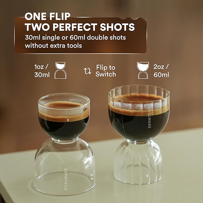 ovalware Espresso Shot Glass Set of 2 | 30ml/1oz and 60ml/2oz Dual-Dose Stackable Borosilicate Cups | Cool-Touch Thermal Base | Oval Measurement Dots for Consistent Espresso Shots