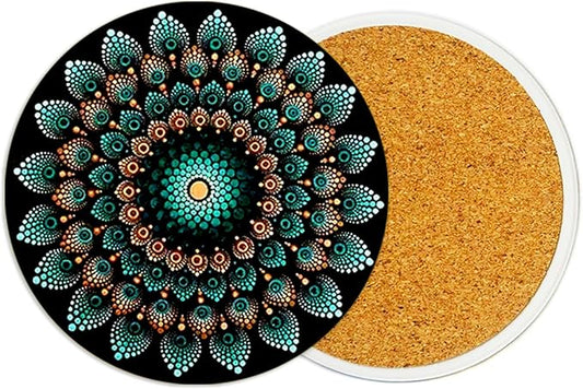 2Pack Mandala Ceramic Coasters Absorbent Coasters for Drinks with Cork Base, Mandala Coaster for Table Office Desk Decor Coffee Cup Wine Beer Bar Cup Mat 3.9 Inch, Datura Gifts for Women, Men, Dad