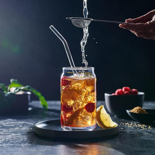 Drinking Glass Set of 4 - Can Sake Cups with Straws and Tumbler, 16oz Iced Coffee & Tea Glasses, Clear Whiskey Soda & Beer Glasses