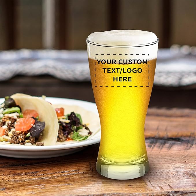 Custom Pilsner Glasses 13.25 oz. Set of 12, Personalized Bulk Pack - Made in the USA, Perfect for Hotels, Restaurants, Bars and Even Party Favors - Clear