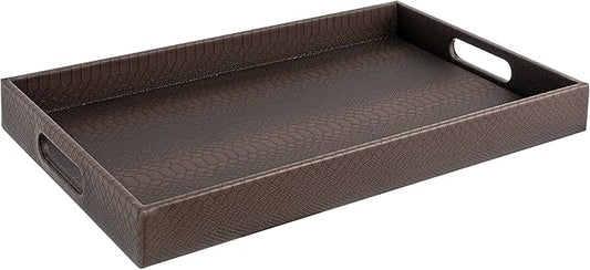 Modern 17.5"x12" Rectangle Brown Snake Faux Leather Decorative Tray Serving Tray with Handles Ottoman Coffee Table Dresser Living Room Kitchen Tray by Home Redefined for All Occasion's.